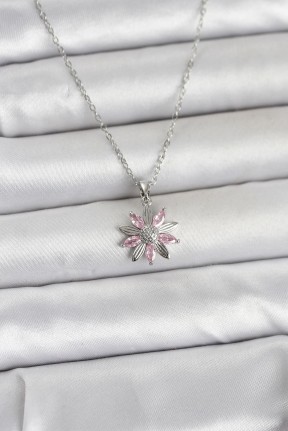 316l çelik Zincir Gümüş Renk Pembe Papatya Model Kadın Kolye