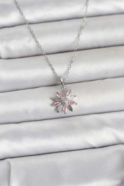 316l çelik Zincir Gümüş Renk Pembe Papatya Model Kadın Kolye
