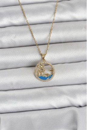 316l çelik Zincir Gold Renk Zirkon Taşlı Deniz Temalı Kadın Kolye