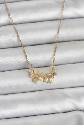 316l çelik Zincir Gold Renk çiçek Ve Kelebek Model Kadın Kolye