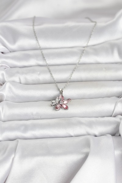 316l çelik Zincir Gümüş Renk Pembe Lotus Model Kadın Kolye