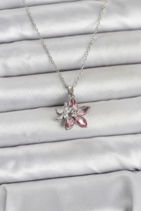 316l çelik Zincir Gümüş Renk Pembe Lotus Model Kadın Kolye