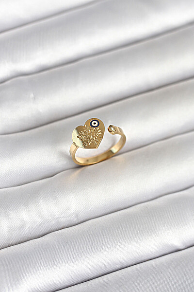 316l çelik Gold Renk Nazar Detaylı Kalp Model Kadın Yüzük