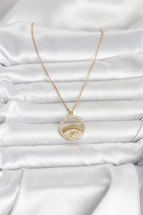 316l çelik Gold Renk Zirkon Taşlı Göz Model Kadın Kolye