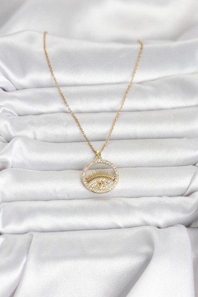 316l çelik Gold Renk Zirkon Taşlı Göz Model Kadın Kolye