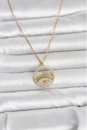 316l çelik Gold Renk Zirkon Taşlı Göz Model Kadın Kolye