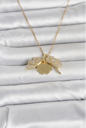 316l çelik Gold Renk Açılabilir Yonca Model Zirkon Taşlı Kadın Kolye