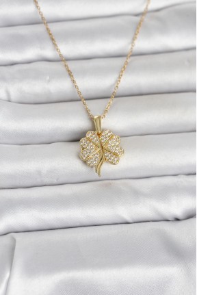 316l çelik Gold Renk Açılabilir Yonca Model Zirkon Taşlı Kadın Kolye