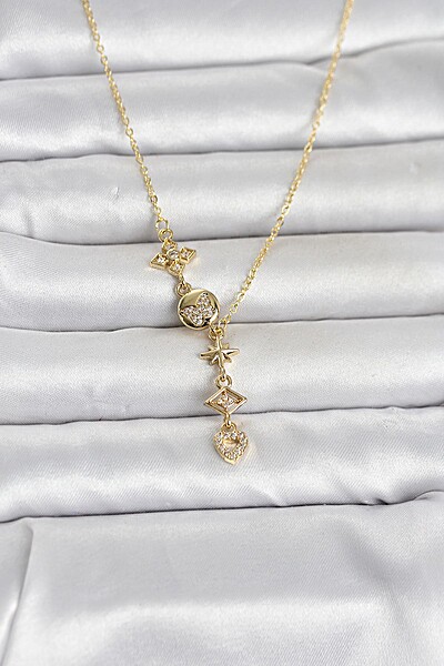 316l çelik Gold Renk Zirkon Taşlı Y Kadın Kolye