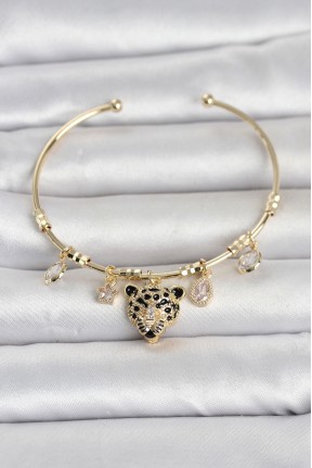 Pirinç Gold Renk Leopar Detaylı Charmlı Kadın Bileklik