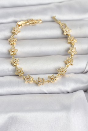 Pirinç Gold Renk Zirkon Taşlı Sıralı Yıldız Model Kadın Bileklik Pirinç Gold Renk Zirkon Taşlı Sıralı Yıldız Model Kadın Bileklik