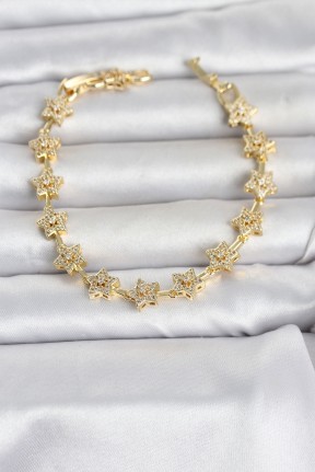 Pirinç Gold Renk Zirkon Taşlı Sıralı Yıldız Model Kadın Bileklik Pirinç Gold Renk Zirkon Taşlı Sıralı Yıldız Model Kadın Bileklik