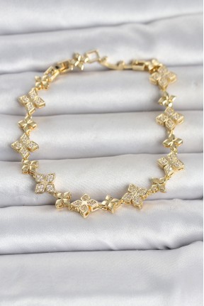 Pirinç Zirkon Taşlı Yonca Model Gold Renk Kadın Bileklik Pirinç Zirkon Taşlı Yonca Model Gold Renk Kadın Bileklik