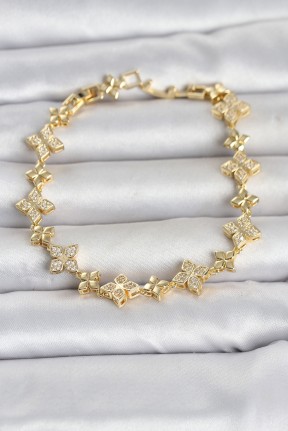 Pirinç Zirkon Taşlı Yonca Model Gold Renk Kadın Bileklik Pirinç Zirkon Taşlı Yonca Model Gold Renk Kadın Bileklik