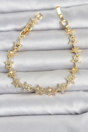 Sıralı Yıldız Model Zirkon Taşlı Gold Renk Pirinç Kadın Bileklik Sıralı Yıldız Model Zirkon Taşlı Gold Renk Pirinç Kadın Bileklik