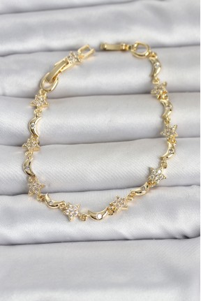 Pirinç Gold Renk Zirkon Taşlı Ay Ve Yıldız Model Kadın Bileklik