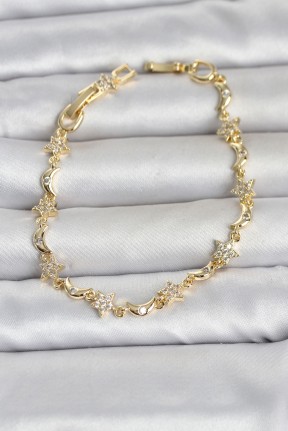 Pirinç Gold Renk Zirkon Taşlı Ay Ve Yıldız Model Kadın Bileklik