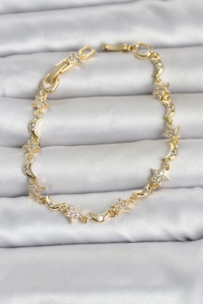Pirinç Gold Renk Zirkon Taşlı Ay Ve Yıldız Model Kadın Bileklik