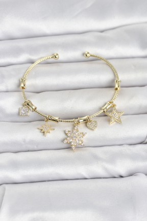 Pirinç Gold Renk Lotus Detay Charmlı Kadın Bileklik