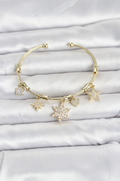 Pirinç Gold Renk Lotus Detay Charmlı Kadın Bileklik