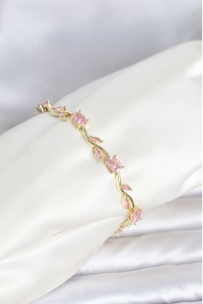 Pirinç Gold Renk Pembe Zirkon Taşlı çiçek Model Kadın Bileklik