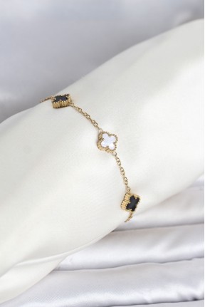 316l çelik Gold Renk Siyah Beyaz Baby Yonca Model Kadın Bileklik 316l çelik Gold Renk Siyah Beyaz Baby Yonca Model Kadın Bileklik