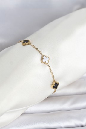 316l çelik Gold Renk Siyah Beyaz Baby Yonca Model Kadın Bileklik 316l çelik Gold Renk Siyah Beyaz Baby Yonca Model Kadın Bileklik