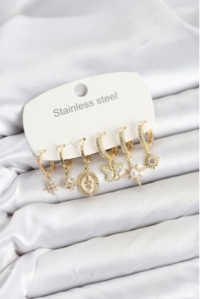 316l çelik Gold Renk Zirkon Taşlı Charm Detaylı Kadın Küpe Seti