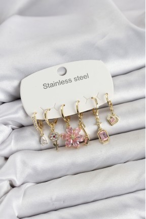 316l çelik Gold Renk Pembe Zirkon Taşlı Lotus Detaylı Kadın Küpe Seti