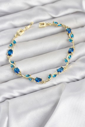 Pirinç Gold Renk Mavi Zirkon Taşlı çiçek Model Kadın Bileklik