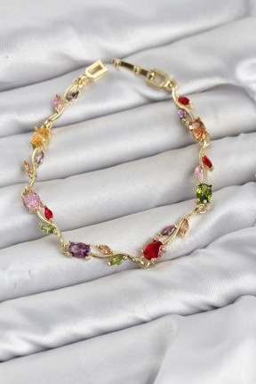 Pirinç Gold Renk Mix Renk Zirkon Taşlı çiçek Model Kadın Bileklik