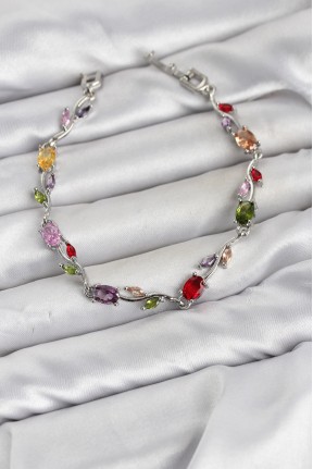 Pirinç Gümüş Renk Mix Renk Zirkon Taşlı çiçek Model Kadın Bileklik