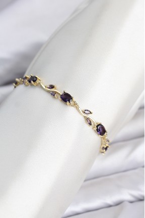 Pirinç Gold Renk Mor Zirkon Taşlı çiçek Model Kadın Bileklik