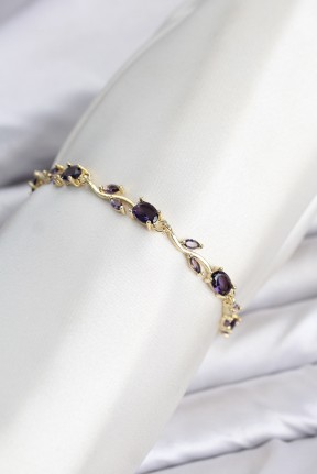 Pirinç Gold Renk Mor Zirkon Taşlı çiçek Model Kadın Bileklik