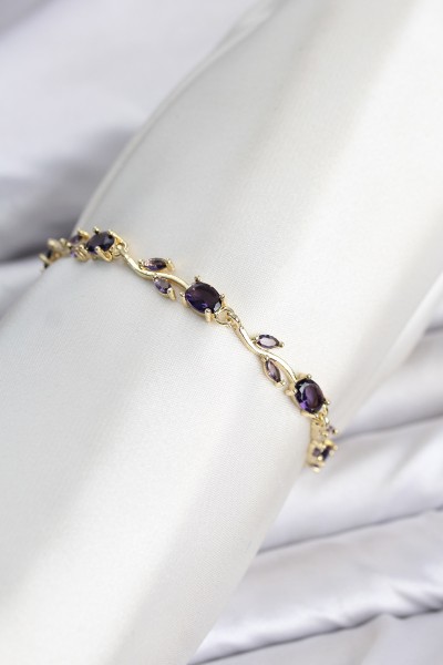 Pirinç Gold Renk Mor Zirkon Taşlı çiçek Model Kadın Bileklik
