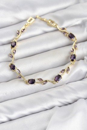 Pirinç Gold Renk Mor Zirkon Taşlı çiçek Model Kadın Bileklik