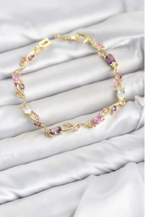 Pirinç Gold Renk Pembe Ve Mor Zirkon Taşlı çiçek Model Kadın Bileklik