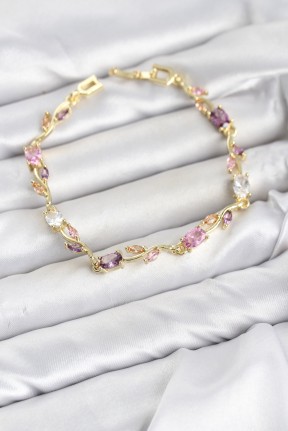 Pirinç Gold Renk Pembe Ve Mor Zirkon Taşlı çiçek Model Kadın Bileklik