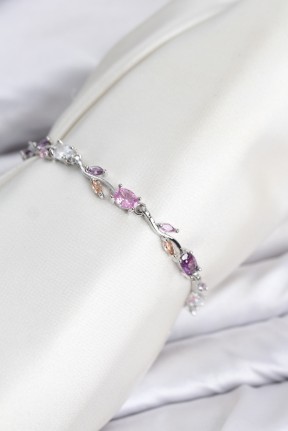 Pirinç Gümüş Renk Pembe Ve Mor Zirkon Taşlı çiçek Model Kadın Bileklik Pirinç Gümüş Renk Pembe Ve Mor Zirkon Taşlı çiçek Model Kadın Bileklik