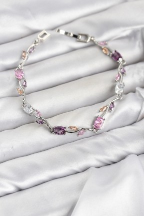 Pirinç Gümüş Renk Pembe Ve Mor Zirkon Taşlı çiçek Model Kadın Bileklik Pirinç Gümüş Renk Pembe Ve Mor Zirkon Taşlı çiçek Model Kadın Bileklik