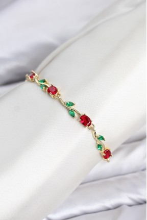 Pirinç Gold Renk Kırmızı Zirkon Taşlı çiçek Model Kadın Bileklik Pirinç Gold Renk Kırmızı Zirkon Taşlı çiçek Model Kadın Bileklik