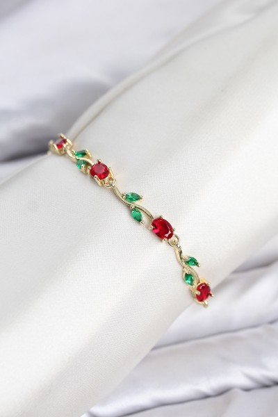 Pirinç Gold Renk Kırmızı Zirkon Taşlı çiçek Model Kadın Bileklik Pirinç Gold Renk Kırmızı Zirkon Taşlı çiçek Model Kadın Bileklik