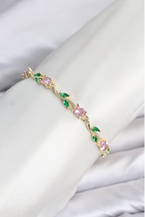 Pirinç Gold Renk Pembe Zirkon Taşlı çiçek Model Kadın Bileklik
