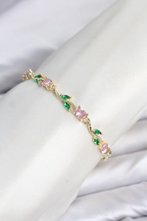 Pirinç Gold Renk Pembe Zirkon Taşlı çiçek Model Kadın Bileklik