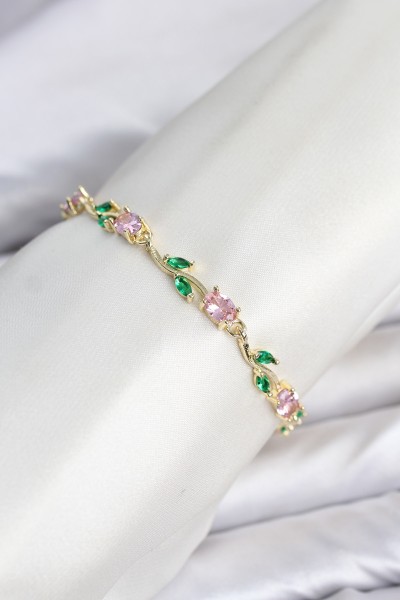 Pirinç Gold Renk Pembe Zirkon Taşlı çiçek Model Kadın Bileklik