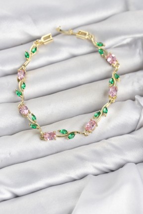 Pirinç Gold Renk Pembe Zirkon Taşlı çiçek Model Kadın Bileklik