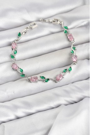 Pirinç Gümüş Renk Pembe Zirkon Taşlı çiçek Model Kadın Bileklik Pirinç Gümüş Renk Pembe Zirkon Taşlı çiçek Model Kadın Bileklik