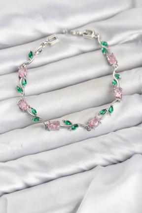 Pirinç Gümüş Renk Pembe Zirkon Taşlı çiçek Model Kadın Bileklik Pirinç Gümüş Renk Pembe Zirkon Taşlı çiçek Model Kadın Bileklik