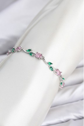 Pirinç Gümüş Renk Pembe Zirkon Taşlı çiçek Model Kadın Bileklik Pirinç Gümüş Renk Pembe Zirkon Taşlı çiçek Model Kadın Bileklik
