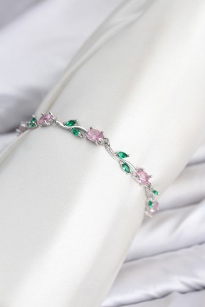 Pirinç Gümüş Renk Pembe Zirkon Taşlı çiçek Model Kadın Bileklik Pirinç Gümüş Renk Pembe Zirkon Taşlı çiçek Model Kadın Bileklik